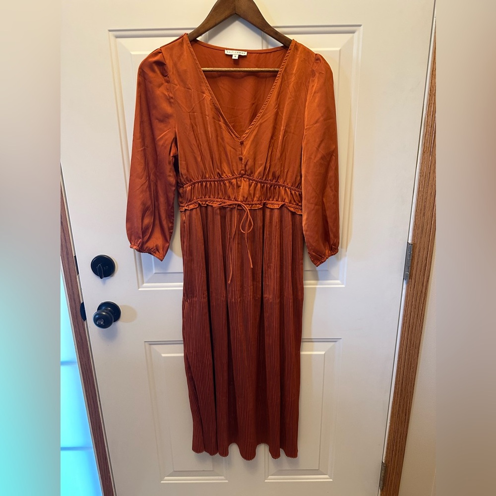 Baltic Born Gabriella Satin Pleated Midi Dress in Rust
